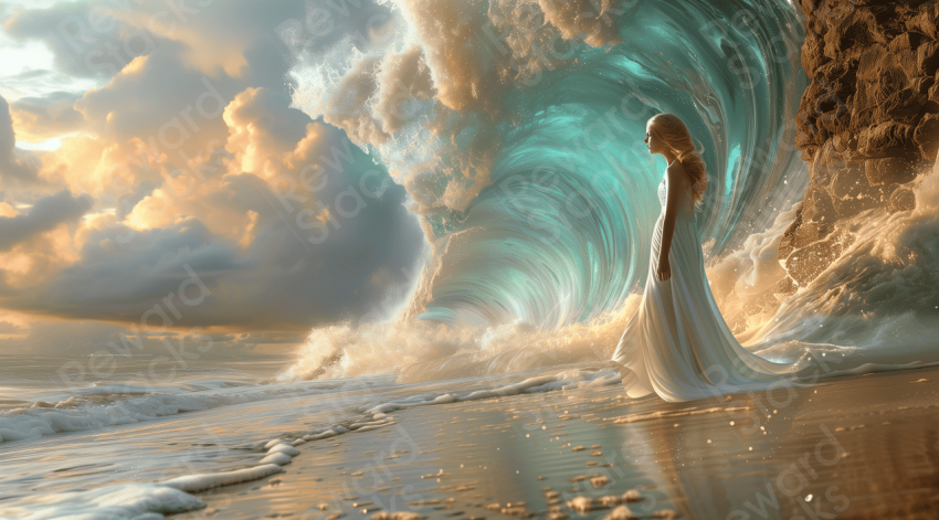 Girl dressed in white stands next to a large wave
