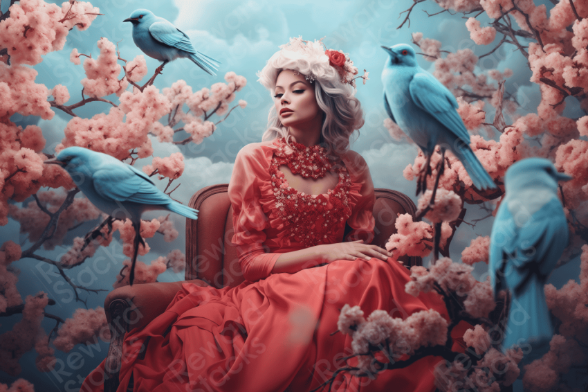 Lady with flowers and birds