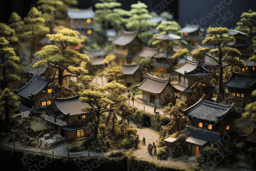 Japanese village render with miniature houses