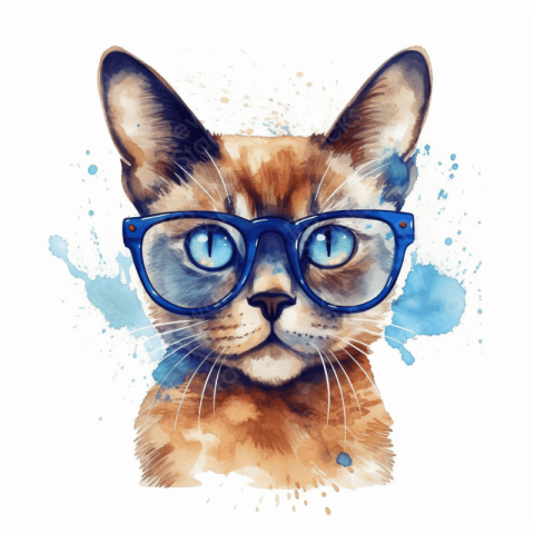 Watercolor Cat wearing glasses