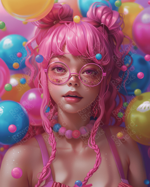 Girl with pink hair in colorful balls