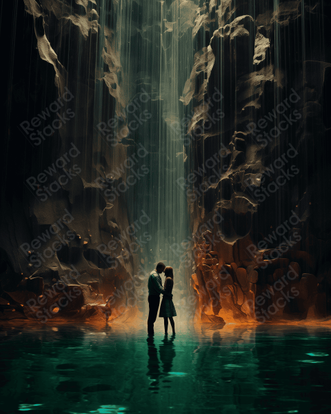 Couple together under a waterfall