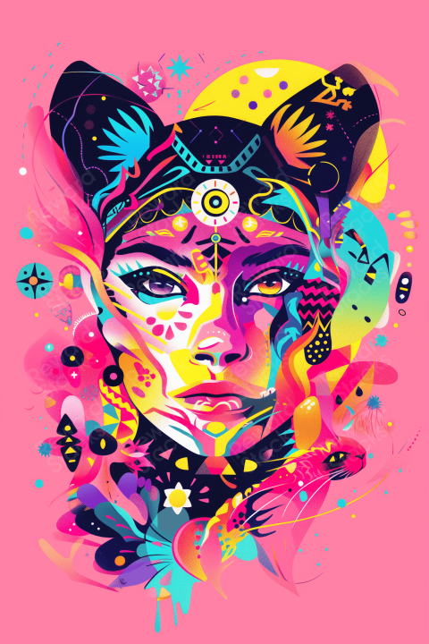Poster colorful illustration of girl with symbols