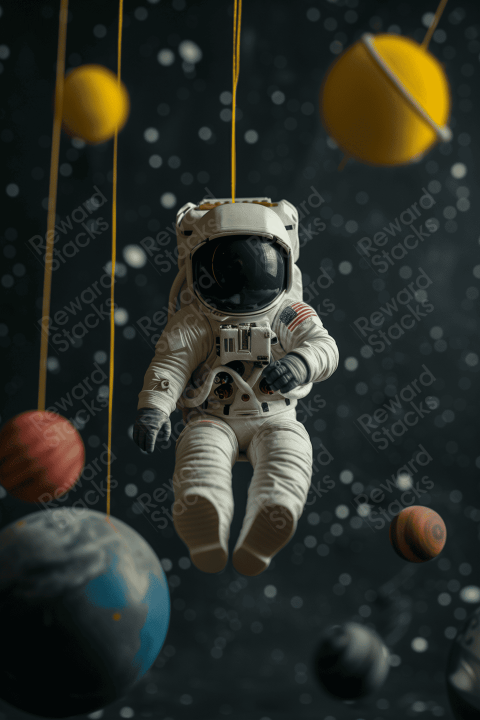 Astronaut on a flying string with other planets