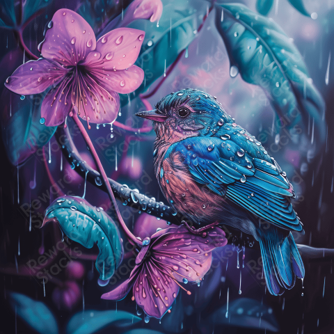 Bird under a flower rain
