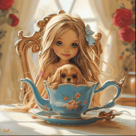 Little Girl and her dog in Tea Time