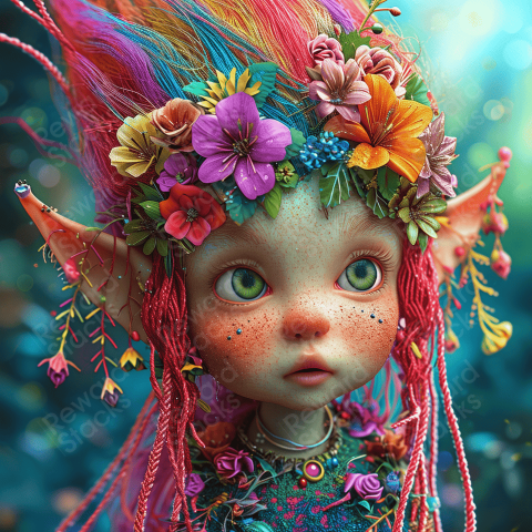 Little elf with flowers and colorful hair