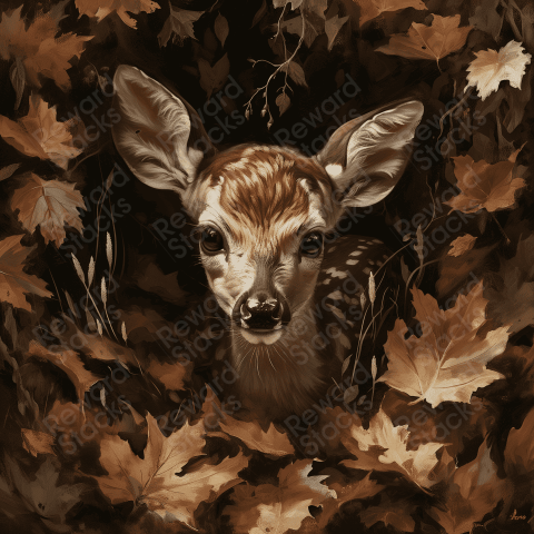 Painting of a fawn in leaves
