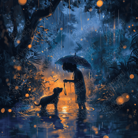 Kid playing with dog in rain