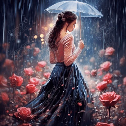 Girl under the rain with roses
