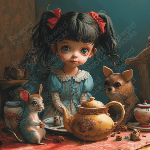 Little girl sitting by a teapot