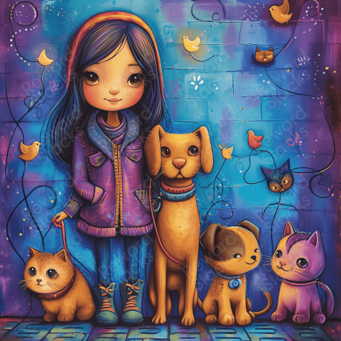 Girl with two dogs and two cats in graffiti
