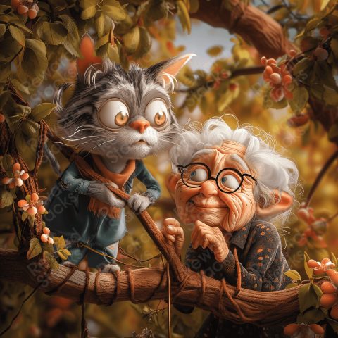 Cat and an elderly woman art