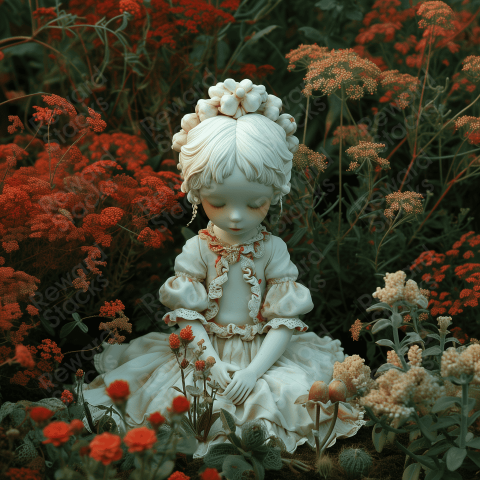 White doll sitting on flowerbed